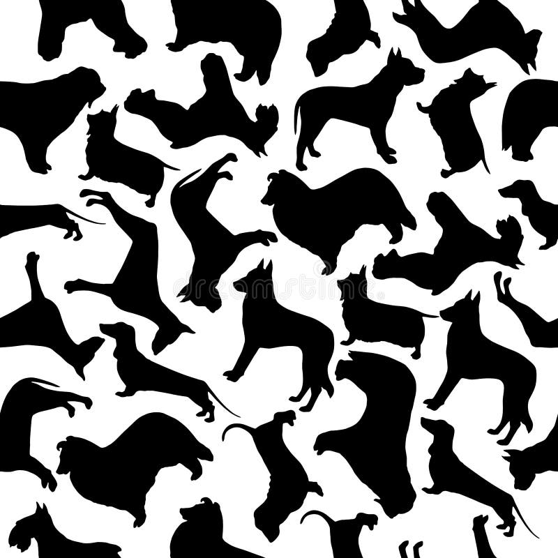 Seamless pattern of silhouettes dogs different breeds