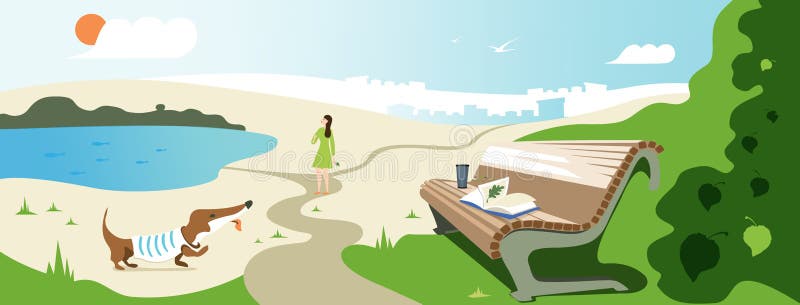 Vector banner design about summer relax. Illustration of a girl walking with a dog, a bench with a book and a glass in park,  lake