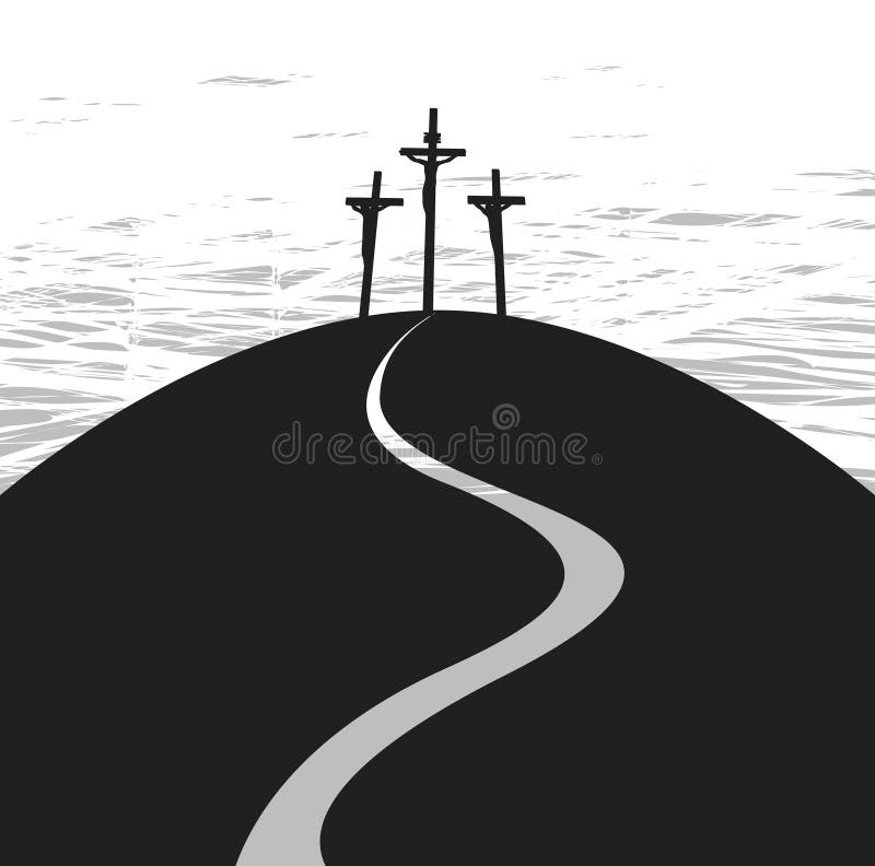 Banner on good Friday with three crosses. Vector banner on Easter or good Friday with the image of mount Calvary and three crosses with crucified people stock illustration