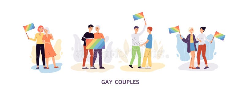 Vector Banner With Lgbt Couples Holding Rainbow Flags Stock Vector Illustration Of Pair