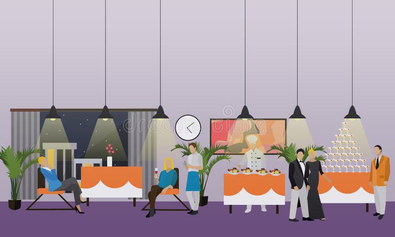 Vector banner with restaurant interior. People having dinner in cafe. Party concept royalty free illustration Vector banner with restaurant interior. People having dinner in cafe. Party concept royalty free illustration