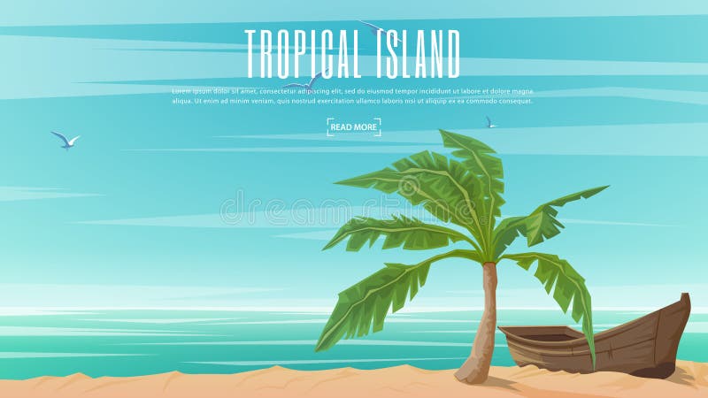 Vector banner on the theme of Paradise Island with Tropical Palm and wooden Boat. Vector illustration. EPS 10