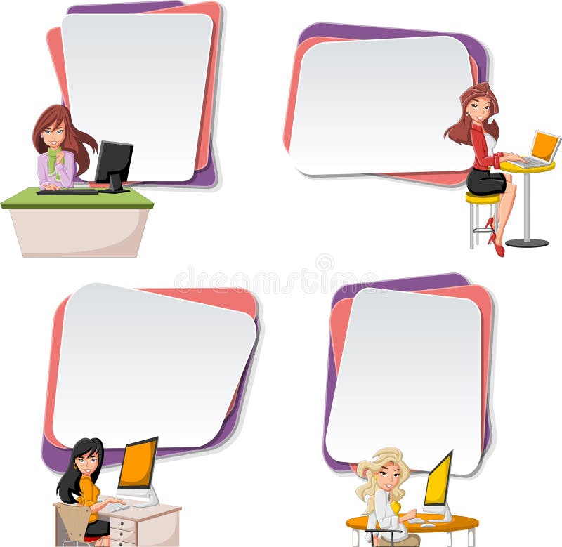 Vector banners / backgrounds with cartoon business women using computer. stock illustration