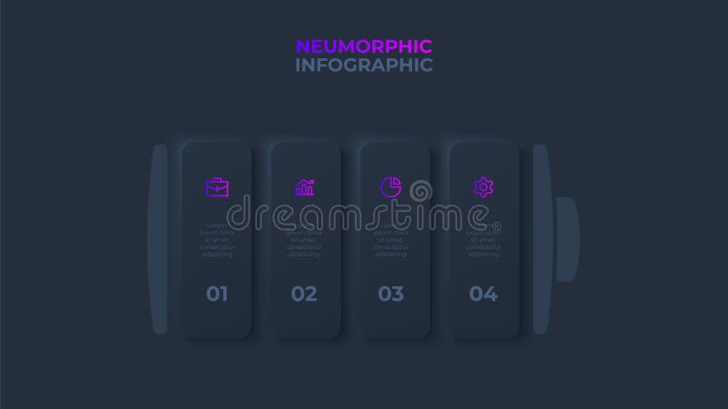 Vector battery element for infographic. Dark neumorphic template with 5 options workflow progress stock illustration