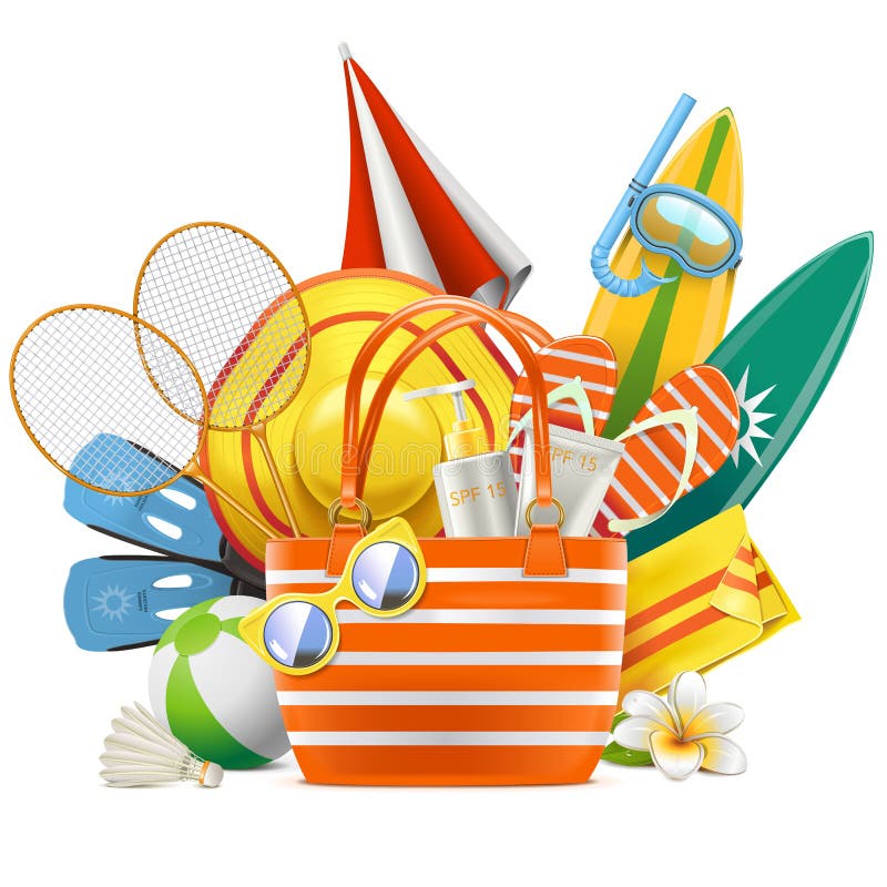 Vector Beach Accessories with Bag Stock Vector Illustration of rest