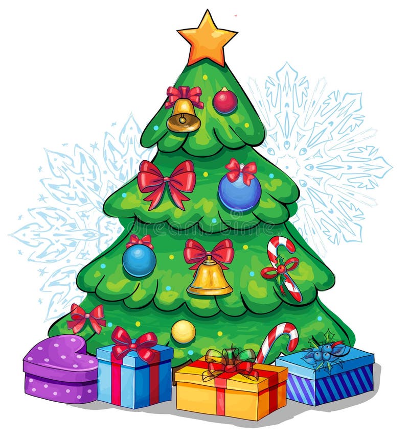Vector Beautiful Decorated Christmas Tree With Presents