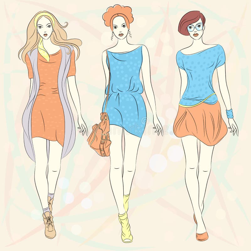 Vector beautiful fashion girls top models in dress