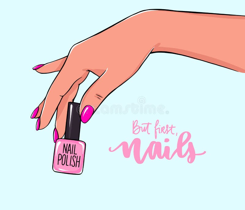 Vector Beautiful woman hands with pink nail polish. Handwritten lettering  about nails and manicure. Inspiration quote for beauty salon Stock Vector |  Adobe Stock