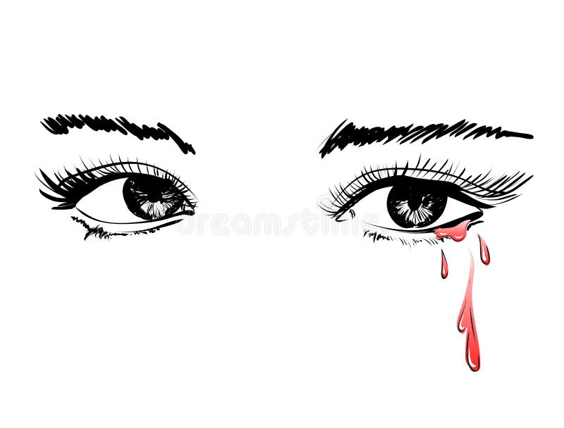 Vector beautiful illustration with crying eyes. Women`s watery eyes. Eyes with flowing blood on isolated background.