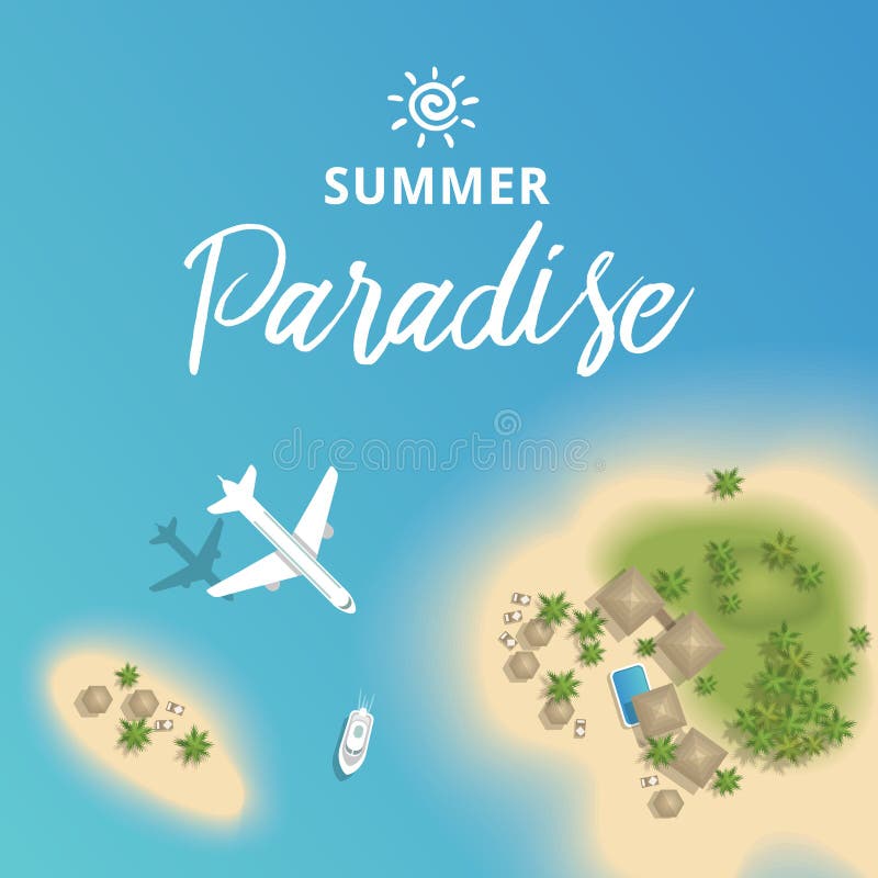 Vector beautiful summer tropical island for vacation from above with plane and boat.