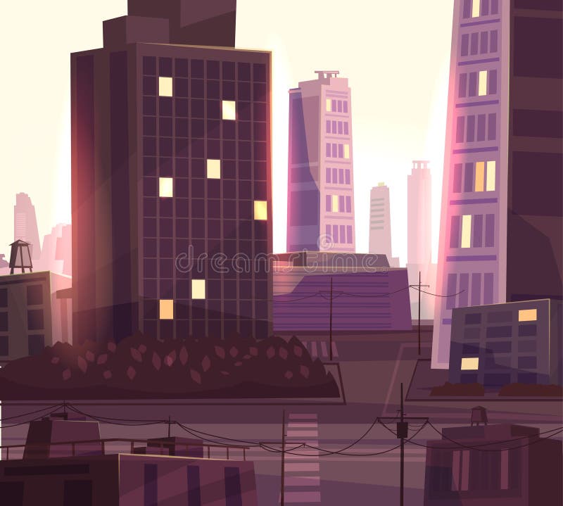 Vector beautiful sunset over cartoon city with highway.