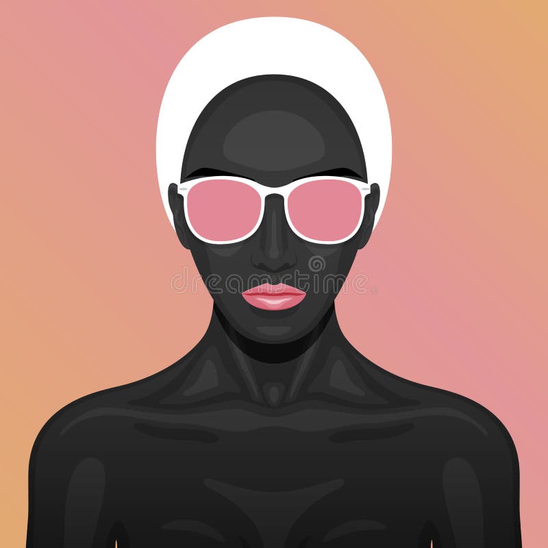 Vector beauty Woman with black paint Skin, white short Hair, pink lips and Glasses on her Face. Fashion art Illustration.