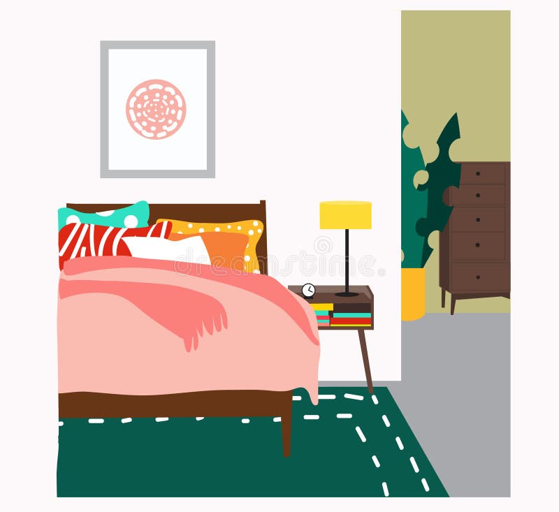 Vector Interior Design Illustration. Bedroom Decor. Hand Drawn Picture ...