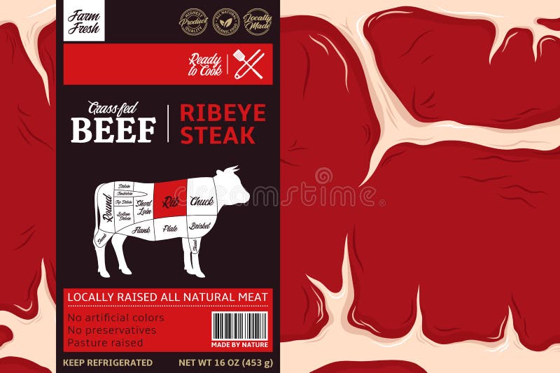 Vector beef label design concept. Vector beef label design. Bull icon. Meat beefsteak background. American US cuts of beef diagram royalty free illustration Vector beef label design concept. Vector beef label design. Bull icon. Meat beefsteak background. American US cuts of beef diagram royalty free illustration