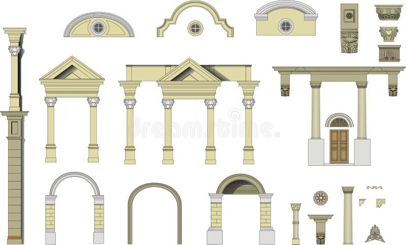 Vector images of elements of a facade of a classical building Classical arches and columns. Vector images of elements of a facade of a classical building Classical arches and columns.