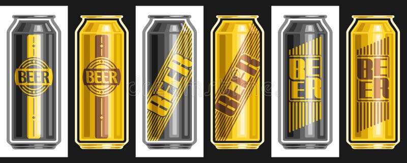 Vector Beer Cans Set, lot collection of cut out illustrations assorted refreshing beer with diverse labels on black and white background