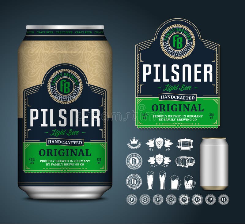 Vector beer label. Aluminium can mockup. Beer icons, badges, insignia. Vector light beer label. Realistic aluminium can mockup. Brewing company branding and royalty free illustration Vector beer label. Aluminium can mockup. Beer icons, badges, insignia. Vector light beer label. Realistic aluminium can mockup. Brewing company branding and royalty free illustration