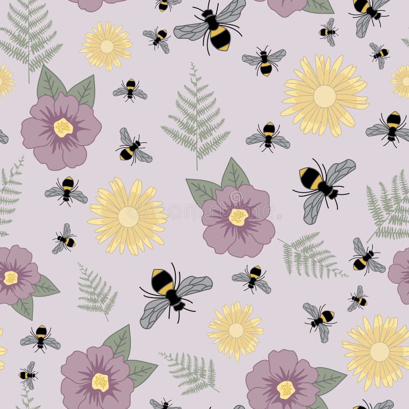 Vector Bees, Green Ferns, Purple Yellow Flowers na purpurowym bezszwowym wzorze powtarzalnym royalty ilustracja Vector Bees, Green Ferns, Purple Yellow Flowers na purpurowym bezszwowym wzorze powtarzalnym royalty ilustracja