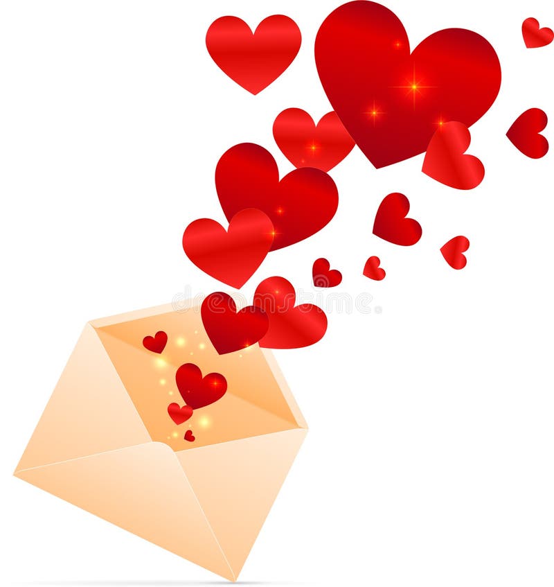 Vector beige envelope with red shining hearts