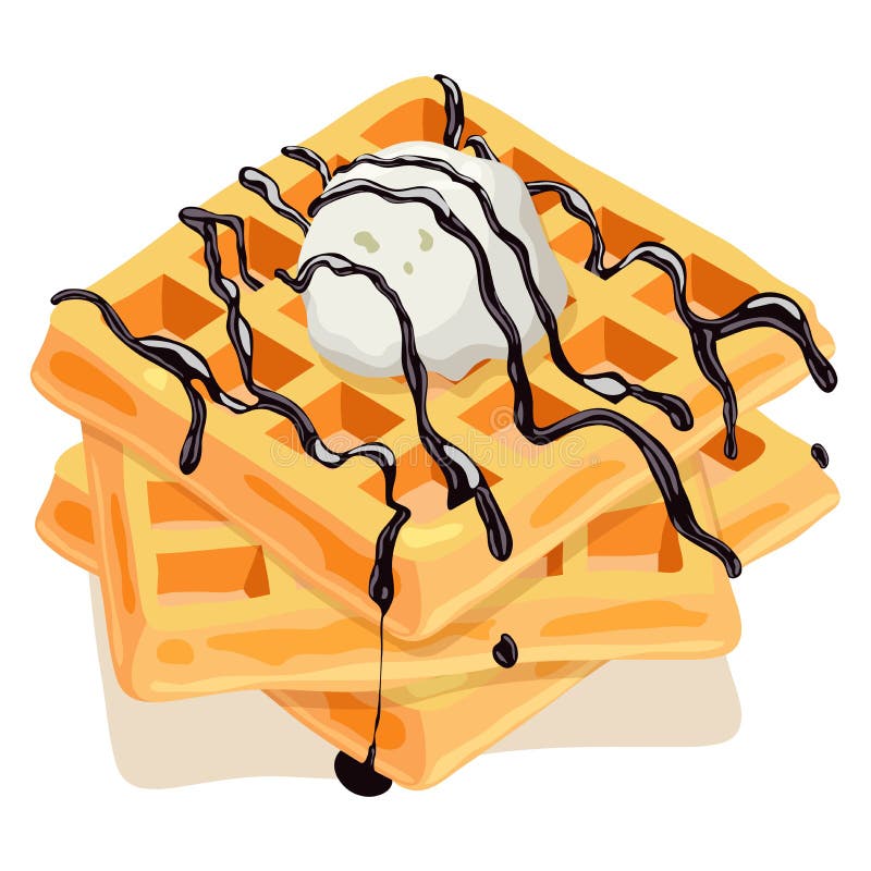 Vector belgian waffles with flowing chocolate syrup and ice cream on top isolated on white background. breakfast lunch, homemade waffle with icecream and chocolate. eps10 illustration. Vector belgian waffles with flowing chocolate syrup and ice cream on top isolated on white background. breakfast lunch, homemade waffle with icecream and chocolate. eps10 illustration