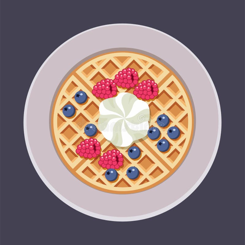 Vector belgian waffles on plate with ice cream and colorful berries isolated on white background. breakfast homemade waffle with cream, blueberry and raspberry as sweet dessert food. top view, eps10