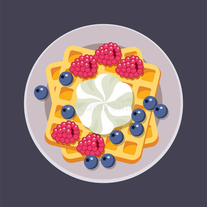 Vector belgian waffles on plate with ice cream and colorful berries isolated on white background. breakfast homemade waffle with cream, blueberry and raspberry as sweet dessert food. top view, eps10