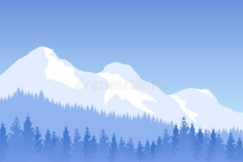 Vector bewaldete Landschaft des Winters mit Bergen in der blauen Farbe stock abbildung Vector bewaldete Landschaft des Winters mit Bergen in der blauen Farbe stock abbildung