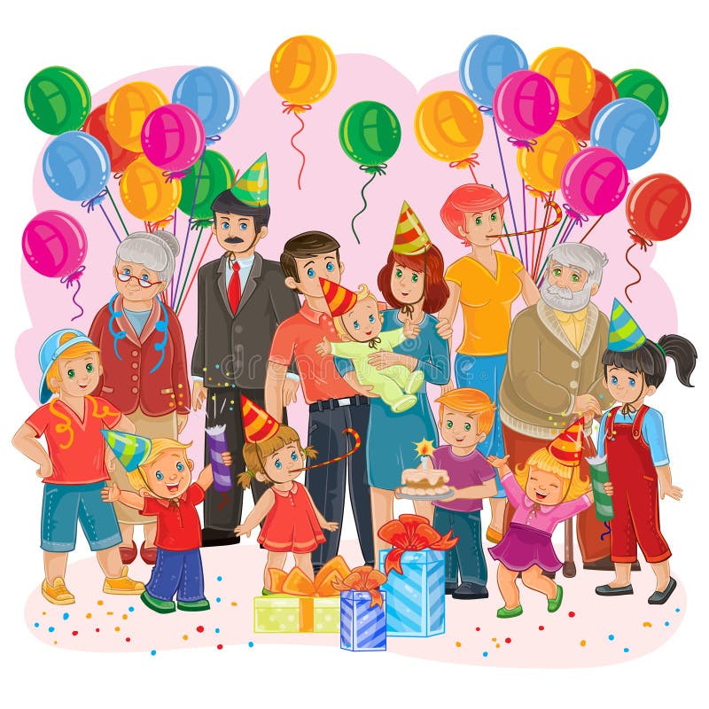 Vector Big Happy Family Together Celebrate a Birthday with Gifts