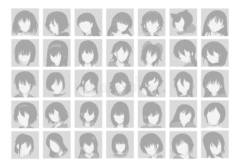 Vector Big Set of Anime Faces with Hair. Flat Gray Icons of Girls for Web  and Mobile Stock Illustration - Illustration of people, female: 202361732