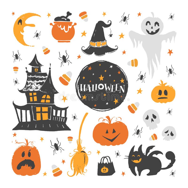 Vector set of Halloween design elements. Halloween stickers with traditional symbols and handwritten lettering. Perfect for party invitation, greeting card, flyer, banner, poster. Handwritten symbols vectors