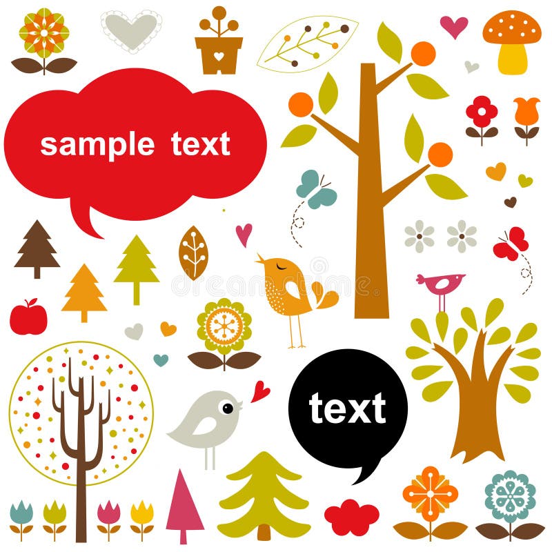 Vector birds and trees set