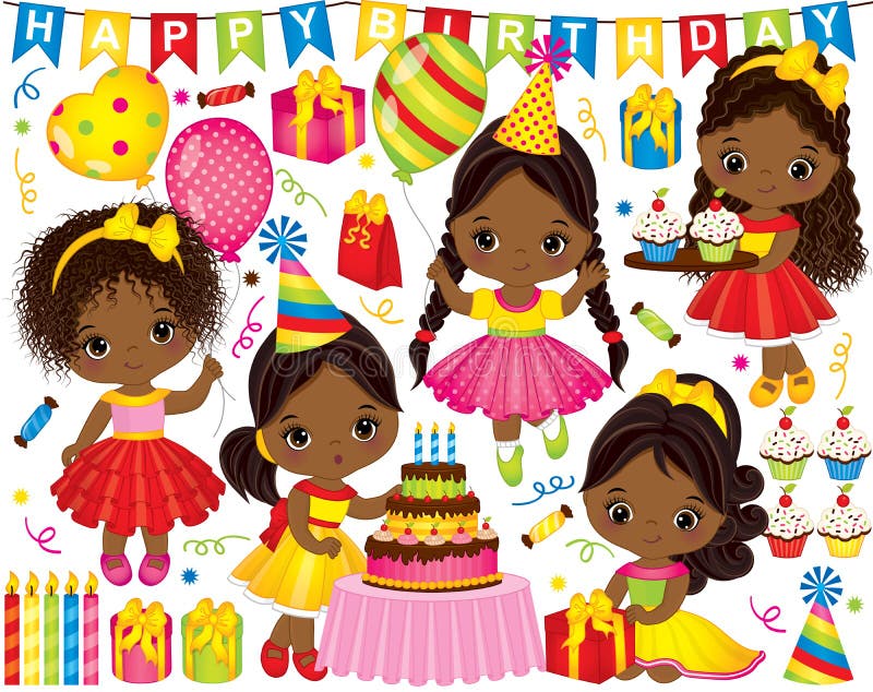 Vector Birthday Set with Little African American Girls and Party Elements royalty free illustration Vector Birthday Set with Little African American Girls and Party Elements royalty free illustration