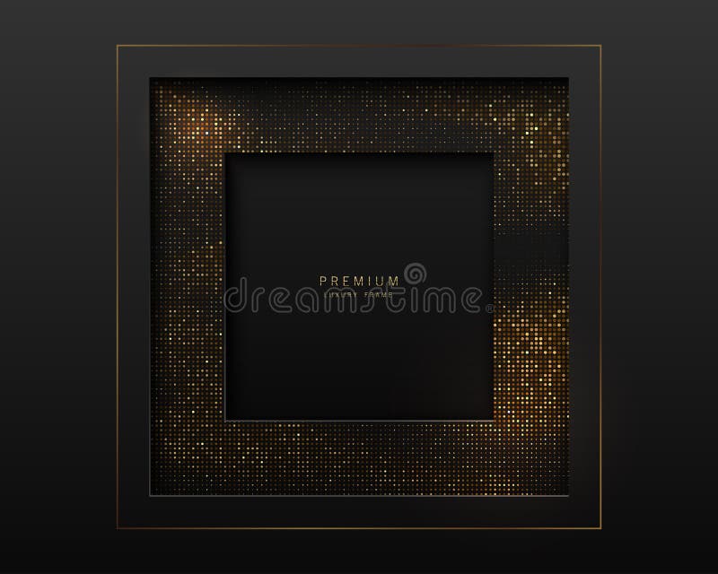 Vector black and gold abstract square luxury frame. Sparkling sequins on black background