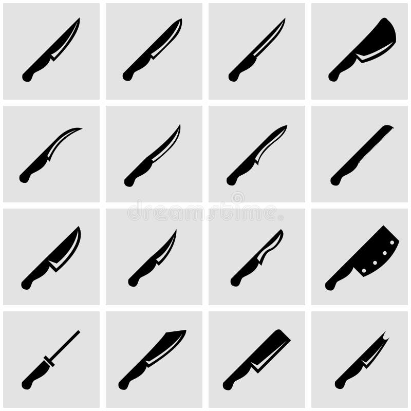 Vector black kitchen knife icon set