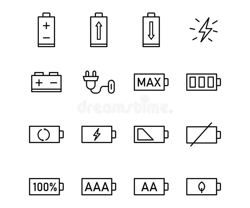 Vector black line icon set battery. Outline symbol technology design and electricity energy. Power web electric element thin vector illustration