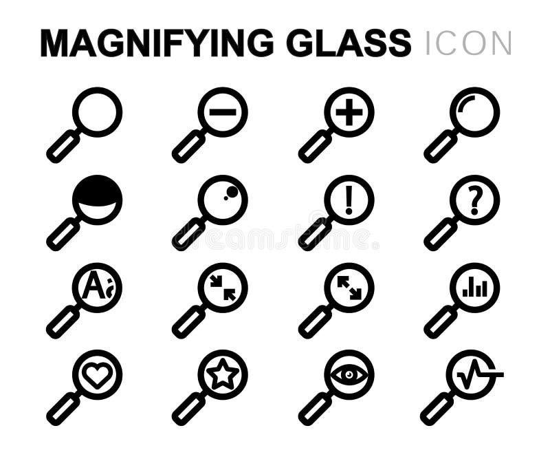Vector Black Line Magnifying Glass Icons Set Stock Illustration