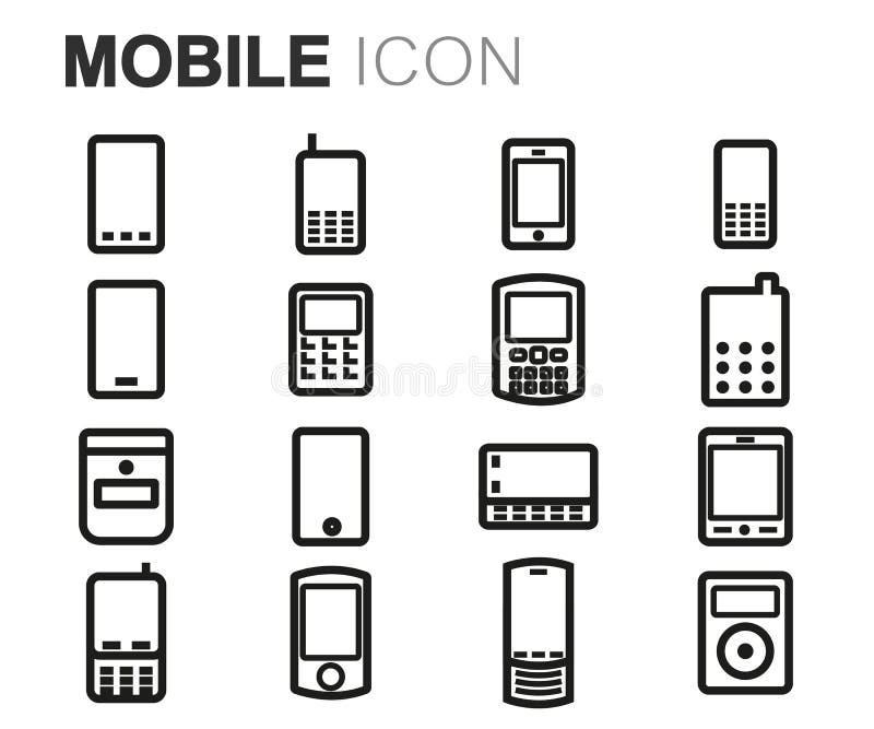 Vector black line mobile icons set stock illustration