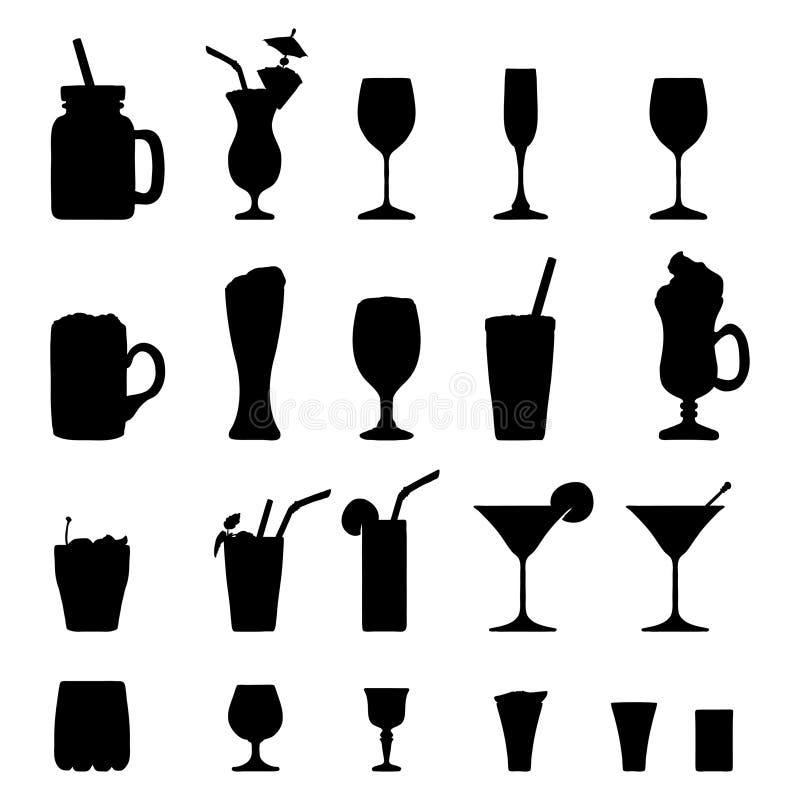 Vector Black Silhouette Set of Alcohol and Soft Drinks Stock Vector