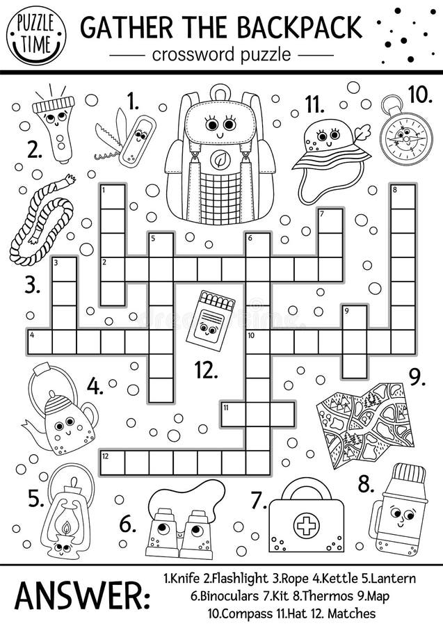Vector Black and White Camping Crossword Puzzle for Kids. Simple Summer ...