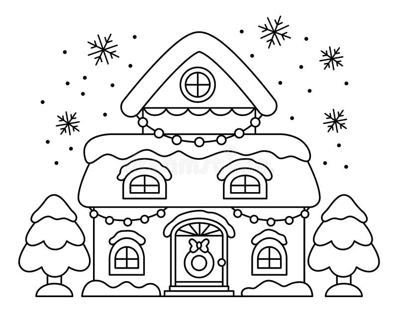 Vector Black and White Cartoon Decorated House with Snow, Garlands,  Snowflakes. Cute Christmas Home Illustration Isolated on White Stock Vector  - Illustration of merry, holiday: 256247928