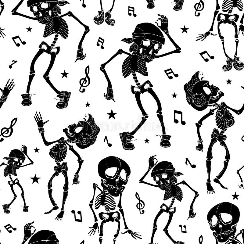 Vector Black White Dancing Skeletons Seamless Pattern. Halloween Disco Spooky Funny Party graphic design