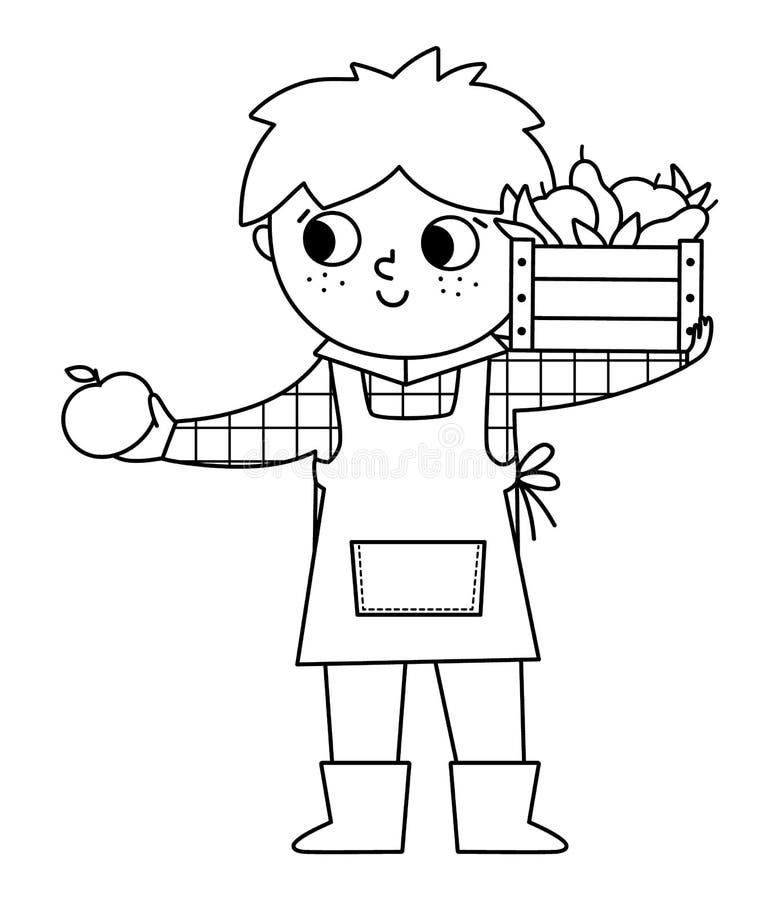 Vector black and white farmer selling fruit and vegetables in a street  stall icon. Cute outline farm market scene. Rural country vendor. Funny  farm cartoon salesman illustration or coloring page 20843238 Vector