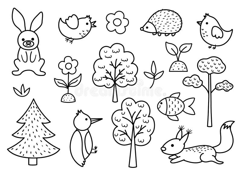 Vector Black and White Forest Set with Plants, Trees, Animals, Birds.  Woodland Coloring Page for Kids Stock Vector - Illustration of clipart,  hare: 251751925