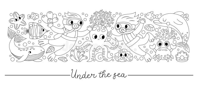 Vector Black and White Horizontal Under the Sea Border Set with Fish Vector Black and White Horizontal Under the Sea Border Set with Fish