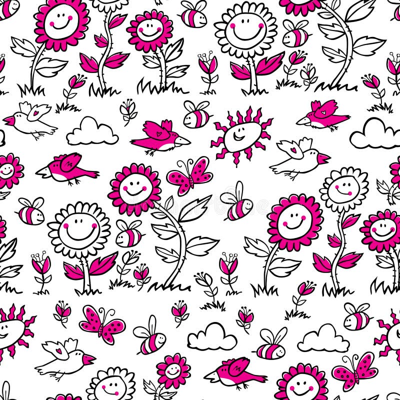 Vector black and white with magenta cartoon sunflowers, birds and bees repeat pattern. Suitable for gift wrap, textile and royalty free illustration Vector black and white with magenta cartoon sunflowers, birds and bees repeat pattern. Suitable for gift wrap, textile and royalty free illustration