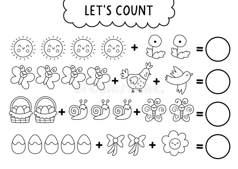 Vector black and white math game. How many Easter symbols. Spring holiday line addition activity for kids. Printable counting vector illustration