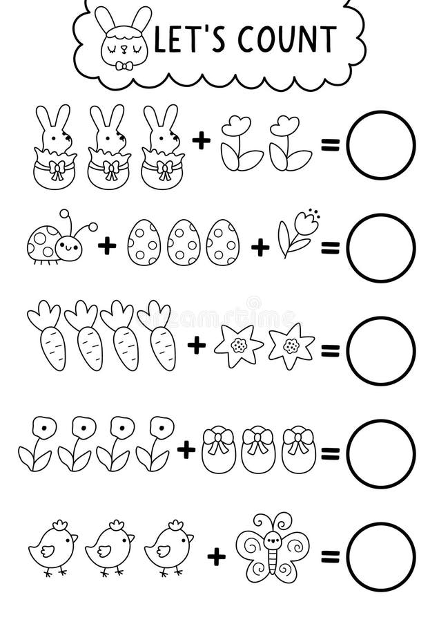 Vector black and white math game. How many Easter symbols. Spring holiday line addition activity for kids. Simple printable royalty free illustration
