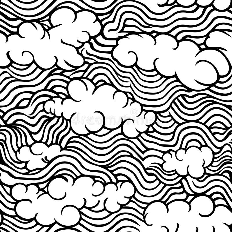 Vector Black and White Seamless Pattern with Clouds. Abstract Print