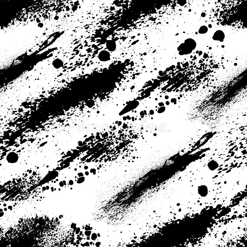 Vector Black and White Seamless Pattern with Ink Splash, Blot and Brush