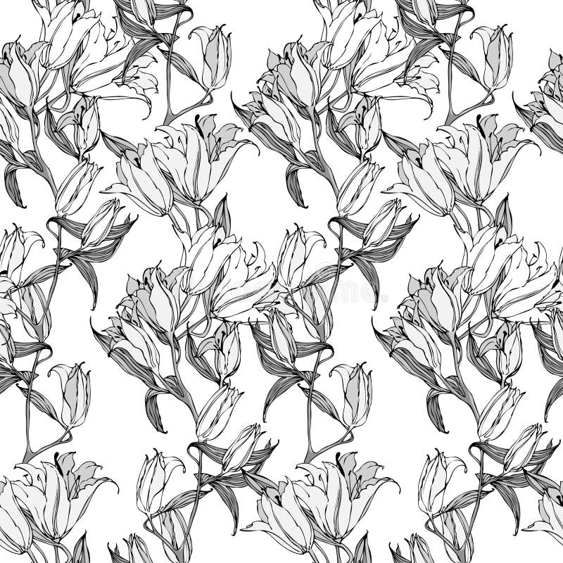 Vector Black and White Seamless Pattern with Lily Flowers Stock Vector